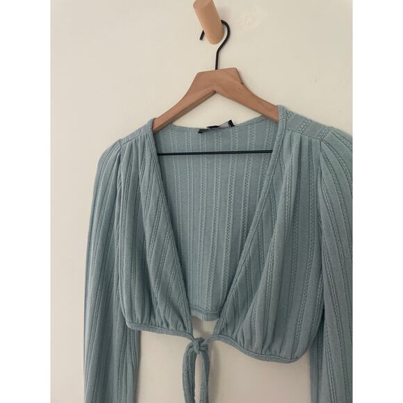 Lulus Vibe Check Ribbed Blue Wrap Crop Top Size Small Balloon Sleeve - Picture 5 of 9